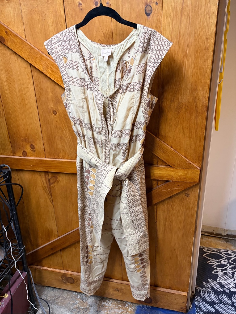 Tracy Reese Cream and Brown Geometric Sleeveless Jumpsuit with Belt